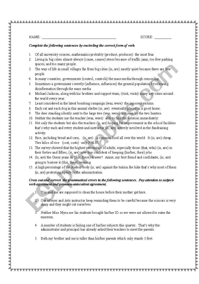 Pronoun Antecedent Agreement Worksheet Subject Verb and Pronoun Antecedent Agreement Quiz Esl