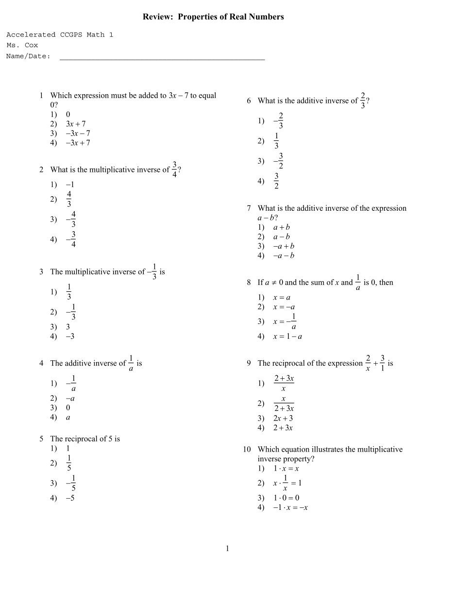 Properties Of Real Numbers Worksheet 6 Free Magazines From Coxmath