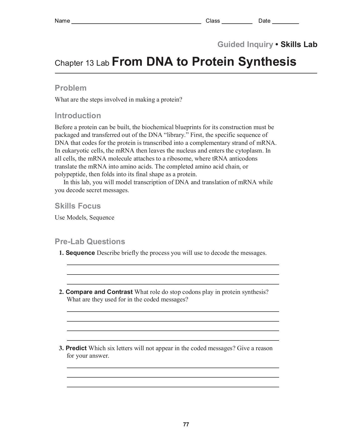 Protein Synthesis Practice Worksheet Guided Inquiry Skills Lab Chapter 13 Lab From Dna to