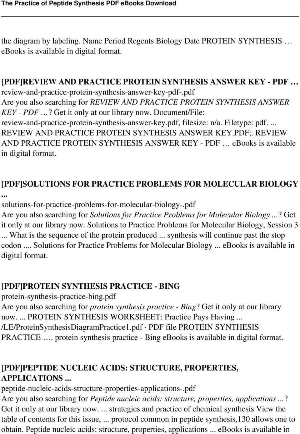 Protein Synthesis Practice Worksheet the Practice Of Peptide Synthesis Pdf Free Download