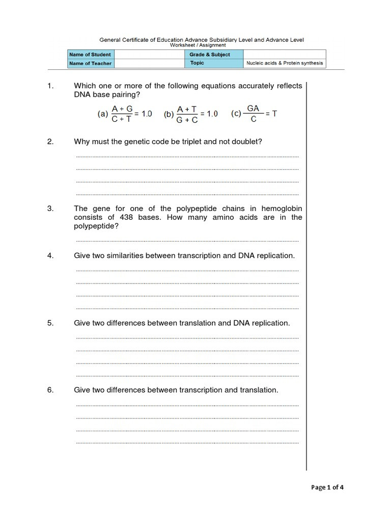 Protein Synthesis Review Worksheet Answers Worksheet as Level Nucleic Acids and Protein Synthesis 1