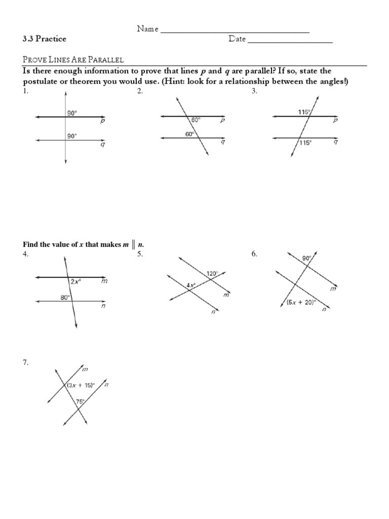 Proving Lines Parallel Worksheet 3 3 Classwork