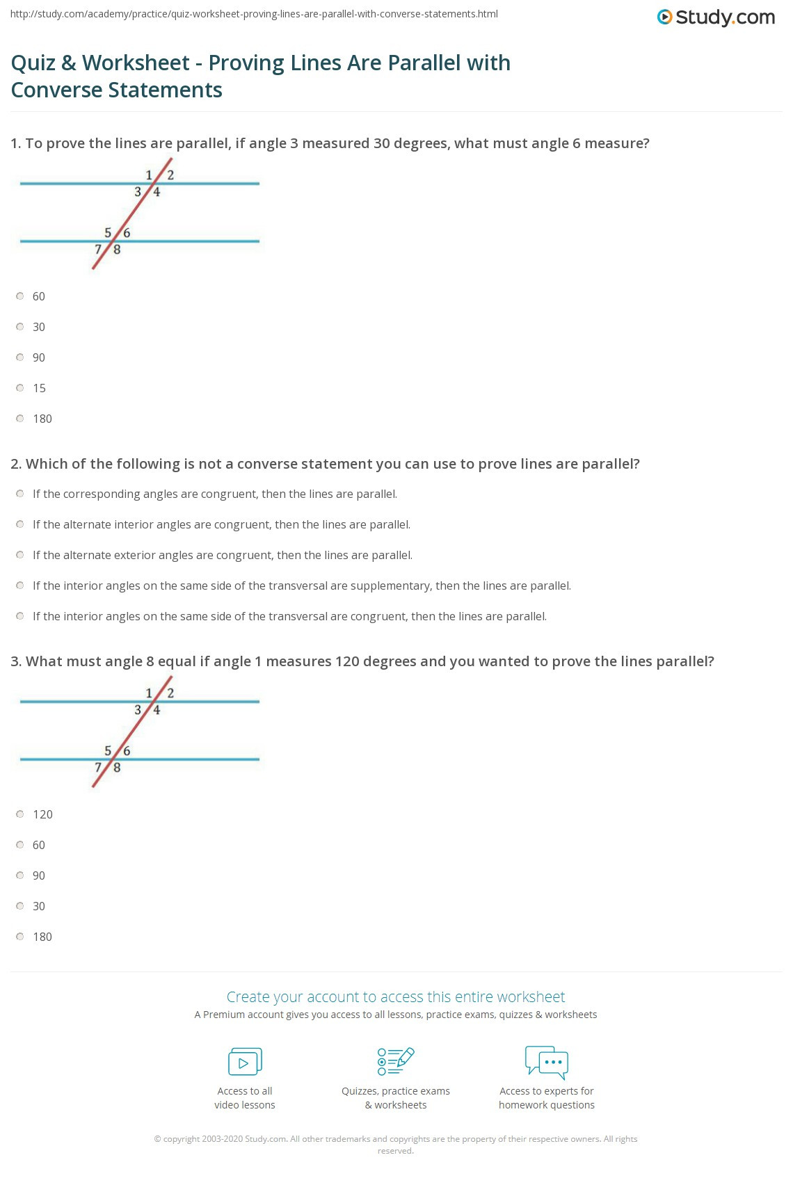 Proving Lines Parallel Worksheet Quiz &amp; Worksheet Proving Lines are Parallel with Converse