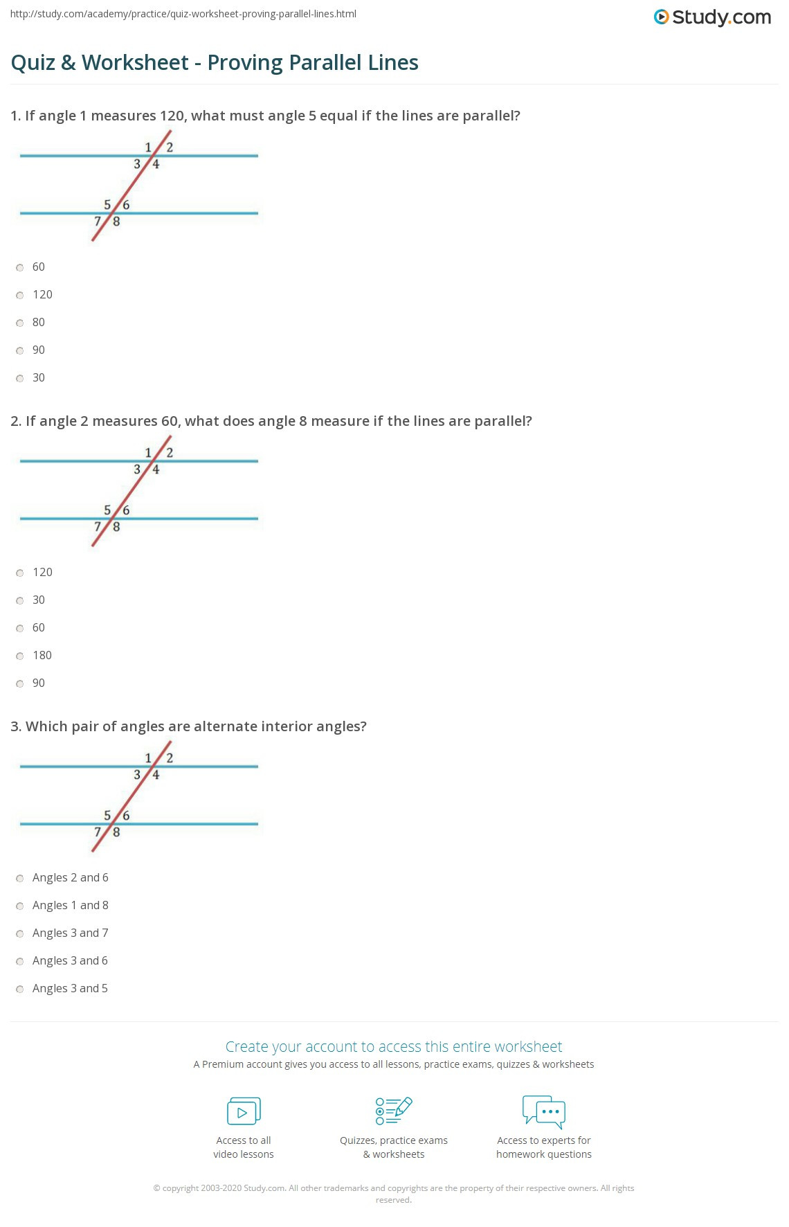 Proving Lines Parallel Worksheet Quiz &amp; Worksheet Proving Parallel Lines