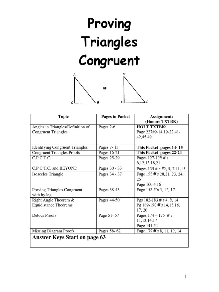 Proving Triangles Congruent Worksheet Congruent Triangles Packet 2013 with Correct Answers