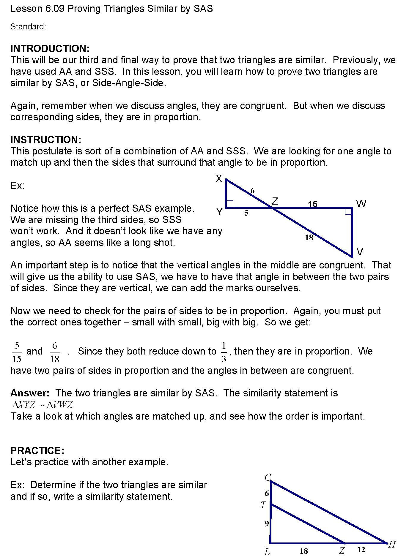 Proving Triangles Similar Worksheet Cosgeometry Lesson 6 09 Proving Triangles Similar by Sas
