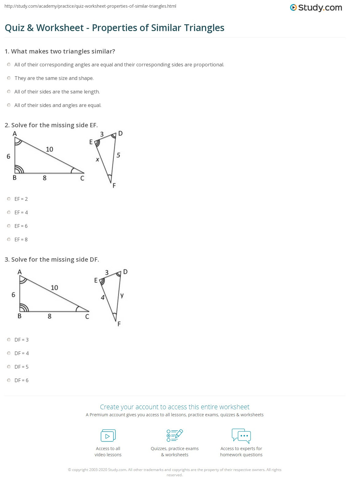 Proving Triangles Similar Worksheet Quiz &amp; Worksheet Properties Of Similar Triangles