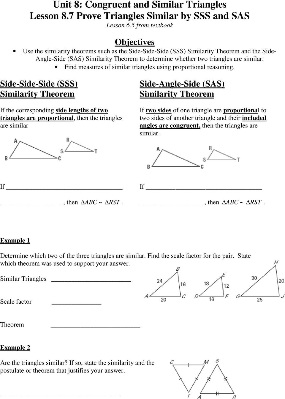 Proving Triangles Similar Worksheet Unit 8 Congruent and Similar Triangles Lesson 8 1 Apply