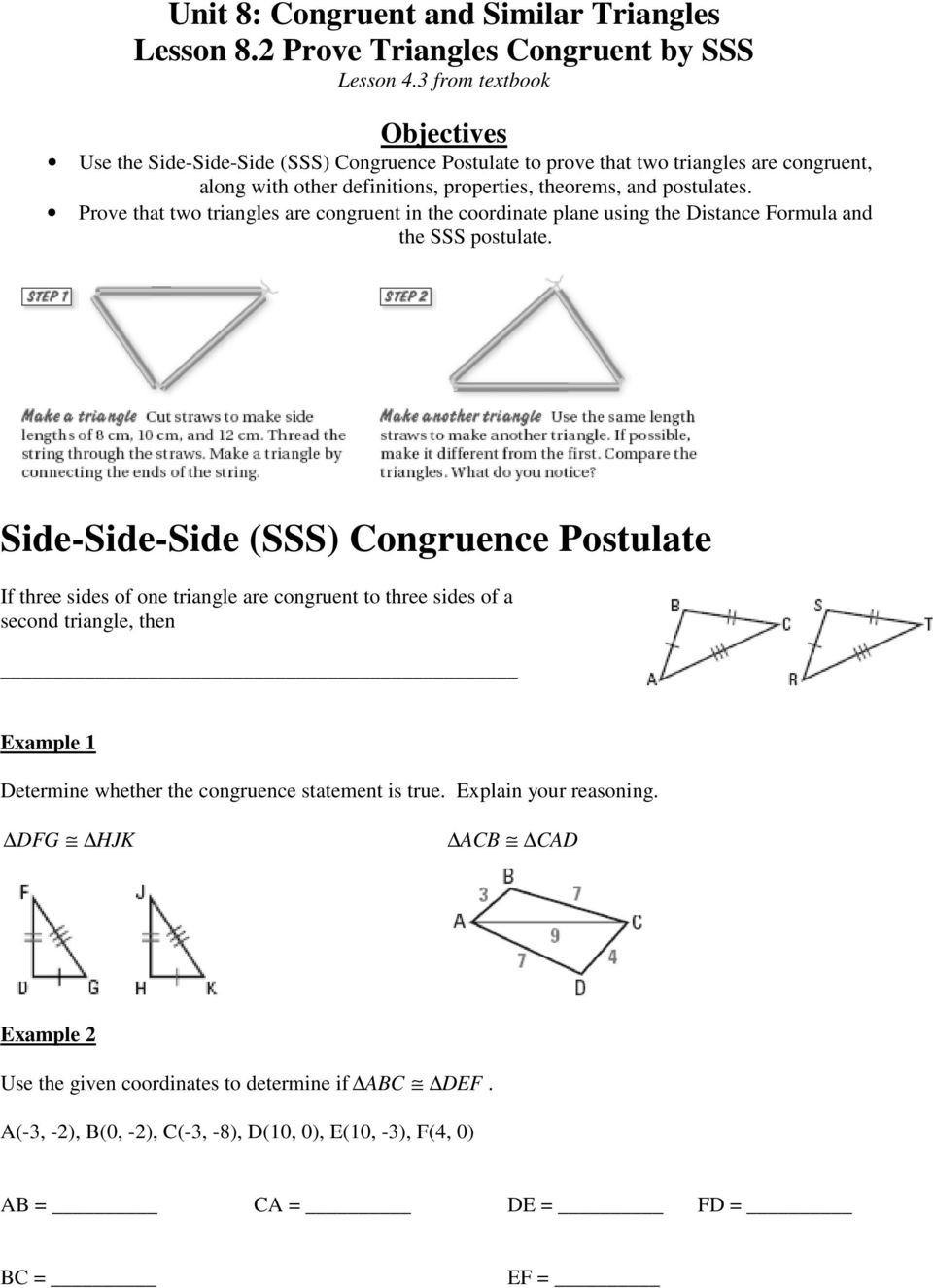 Proving Triangles Similar Worksheet Unit 8 Congruent and Similar Triangles Lesson 8 1 Apply