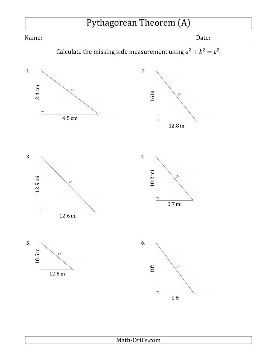 Pythagorean theorem Practice Worksheet Calculate the Hypotenuse Using Pythagorean theorem No