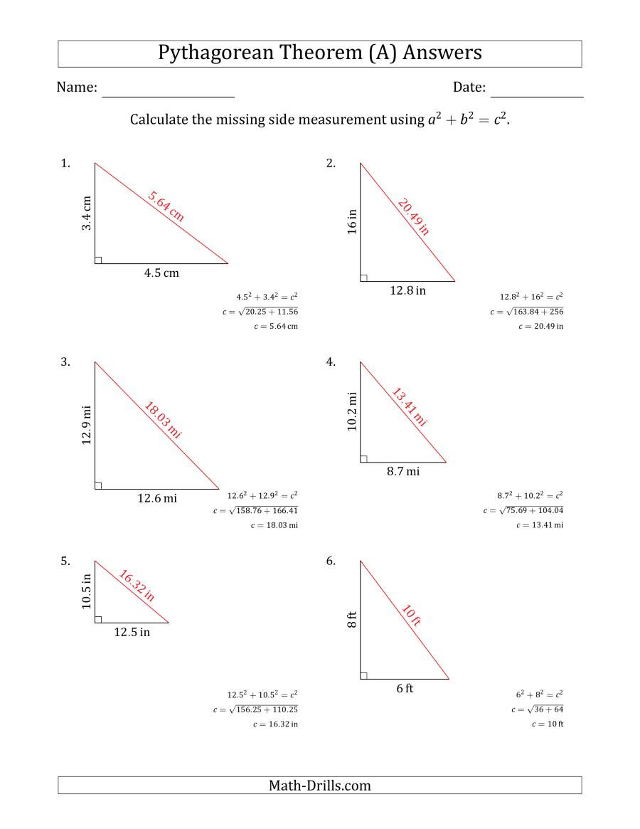 Pythagorean theorem Worksheet with Answers Calculate the Hypotenuse Using Pythagorean theorem No