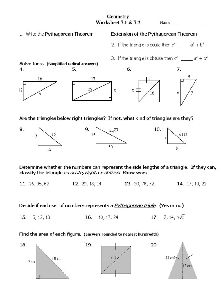 Pythagorean theorem Worksheet with Answers Geometry Chapter 7 Sections 7 1 and 7 2 Triangle
