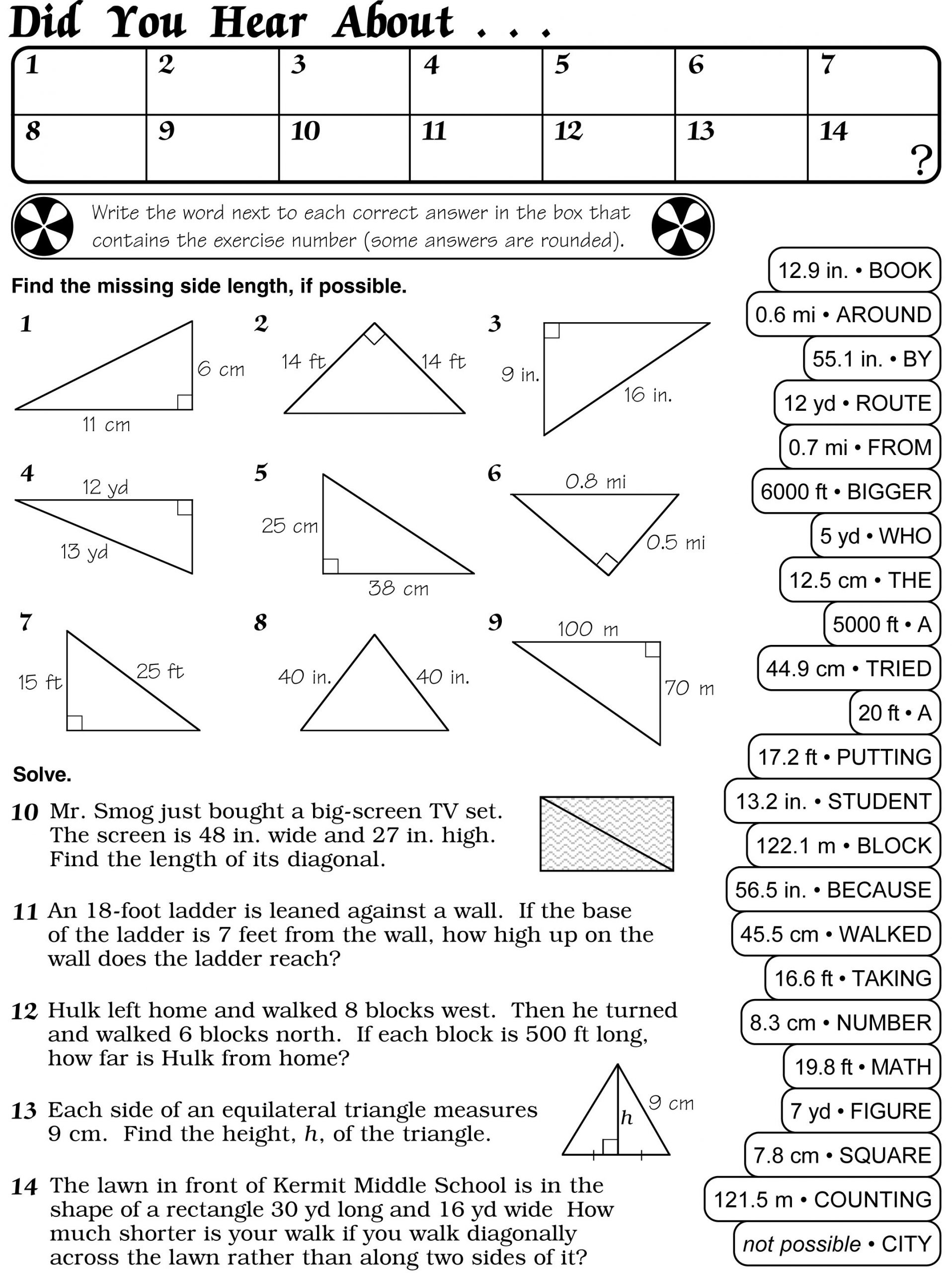 Pythagorean theorem Worksheet with Answers Untitled Document