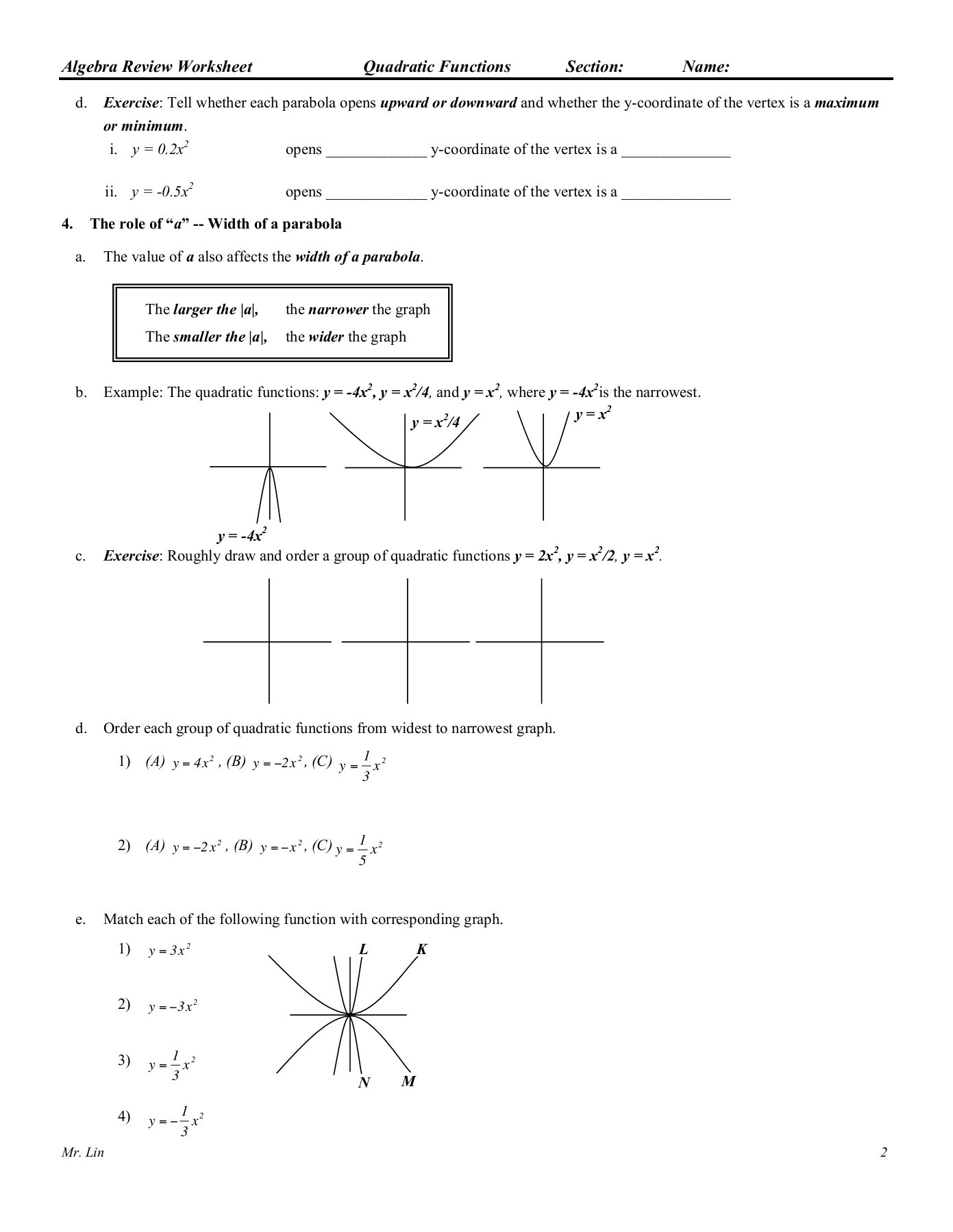 Quadratic Functions Worksheet with Answers Algebra Worksheet 09 Qudratic Functions Pages 1 5 Text
