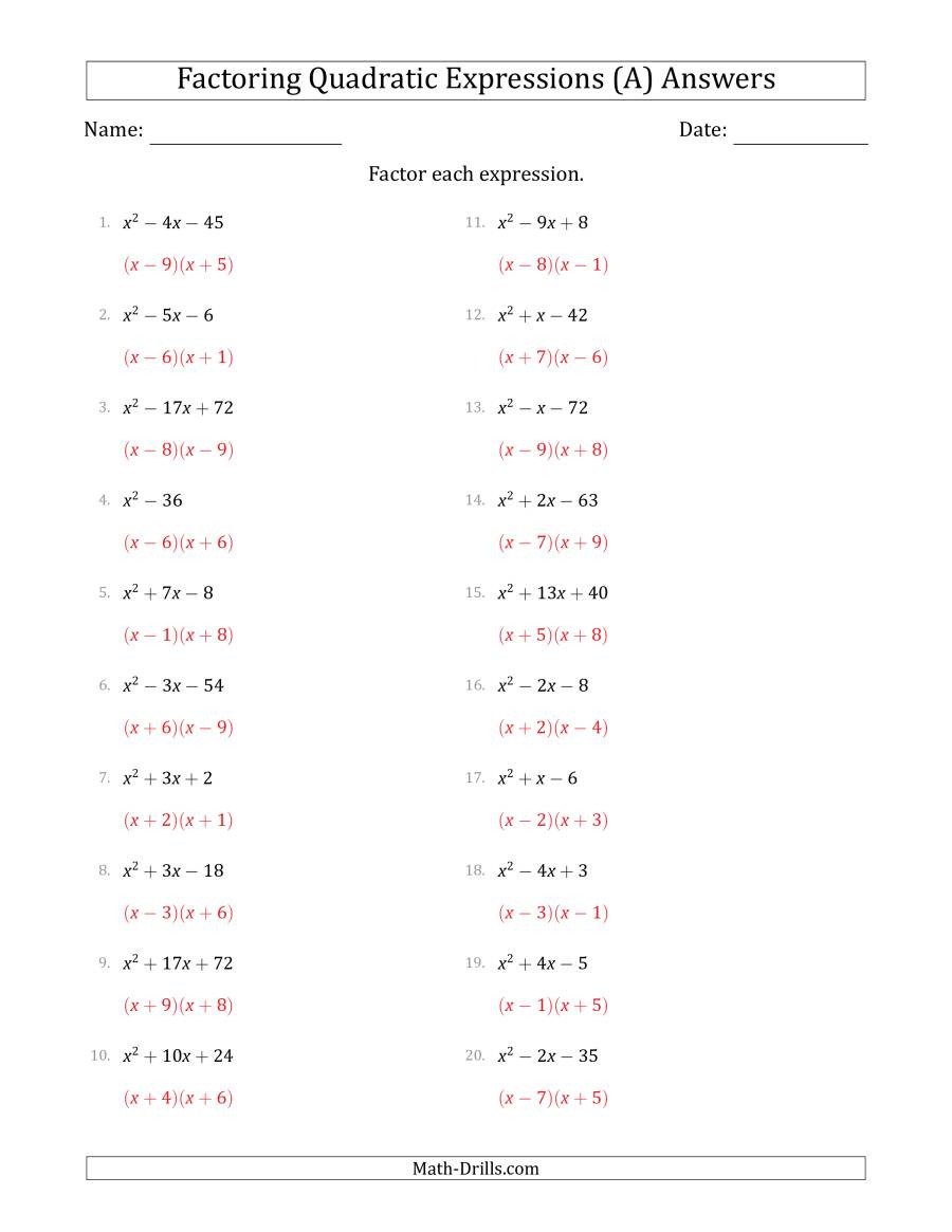 Quadratic Functions Worksheet with Answers Factoring Quadratic Expressions with Positive A