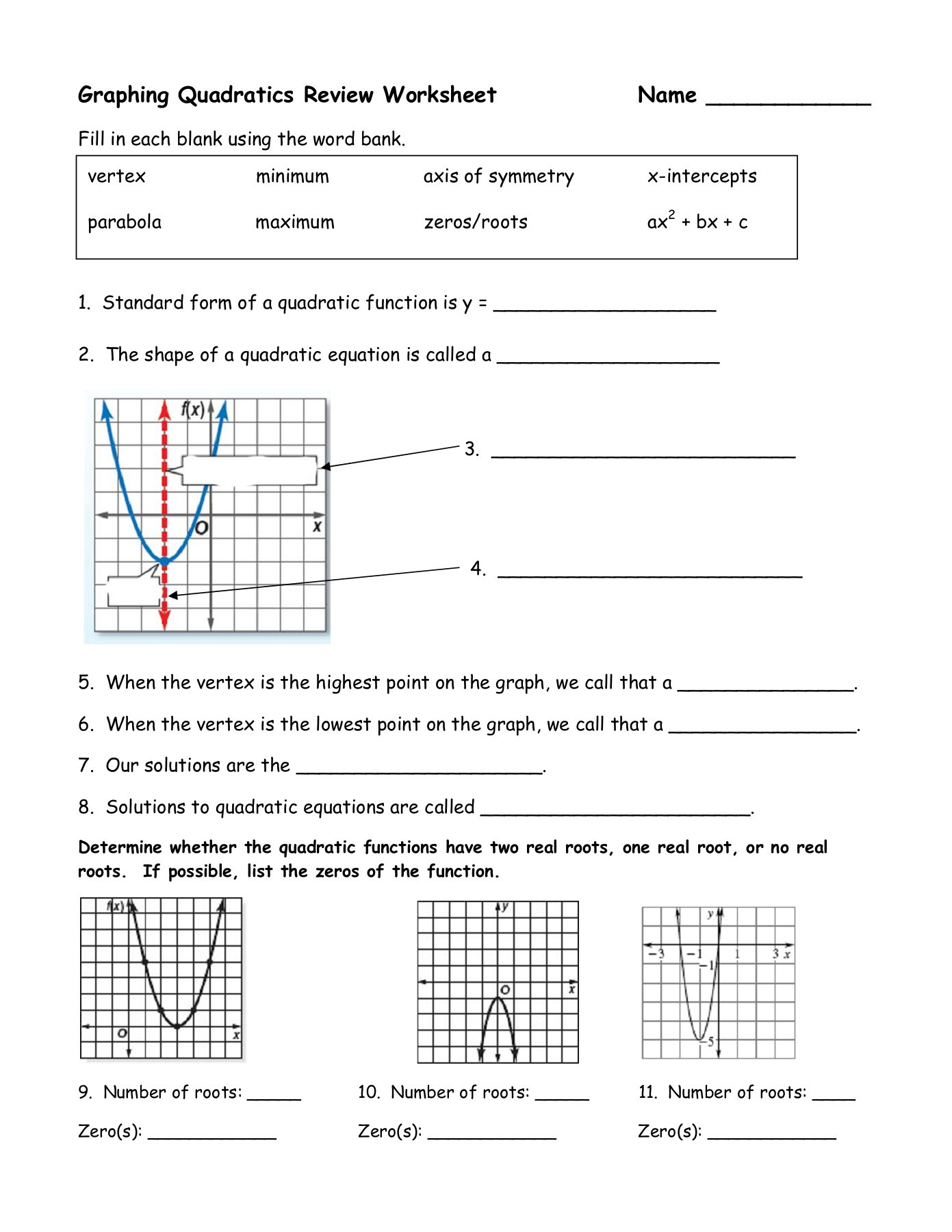 Quadratic Functions Worksheet with Answers Graphing Quadratics Review Worksheet Name Wikispaces Pages