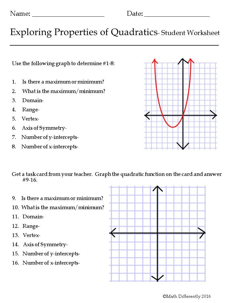 Quadratic Functions Worksheet with Answers Properties Of Quadratic Functions Exploration with Task