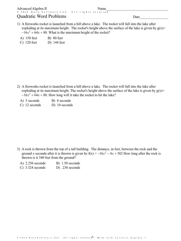 Quadratic Word Problems Worksheet Quadratic Word Problems Physics &amp; Mathematics