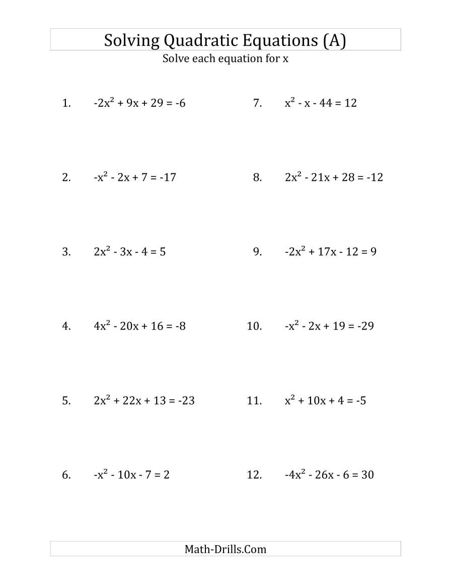 Quadratic Word Problems Worksheet solving Quadratic Equations for X with A Coefficients
