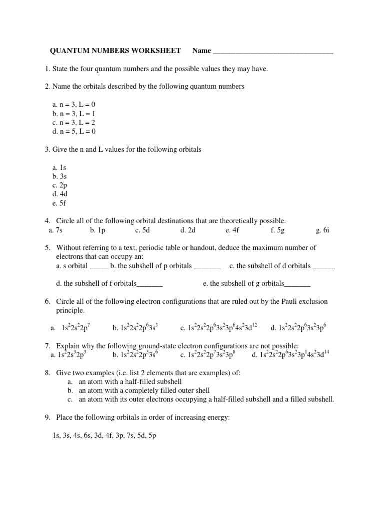 Quantum Numbers Practice Worksheet Apemistry Quantummberssheet F 2012