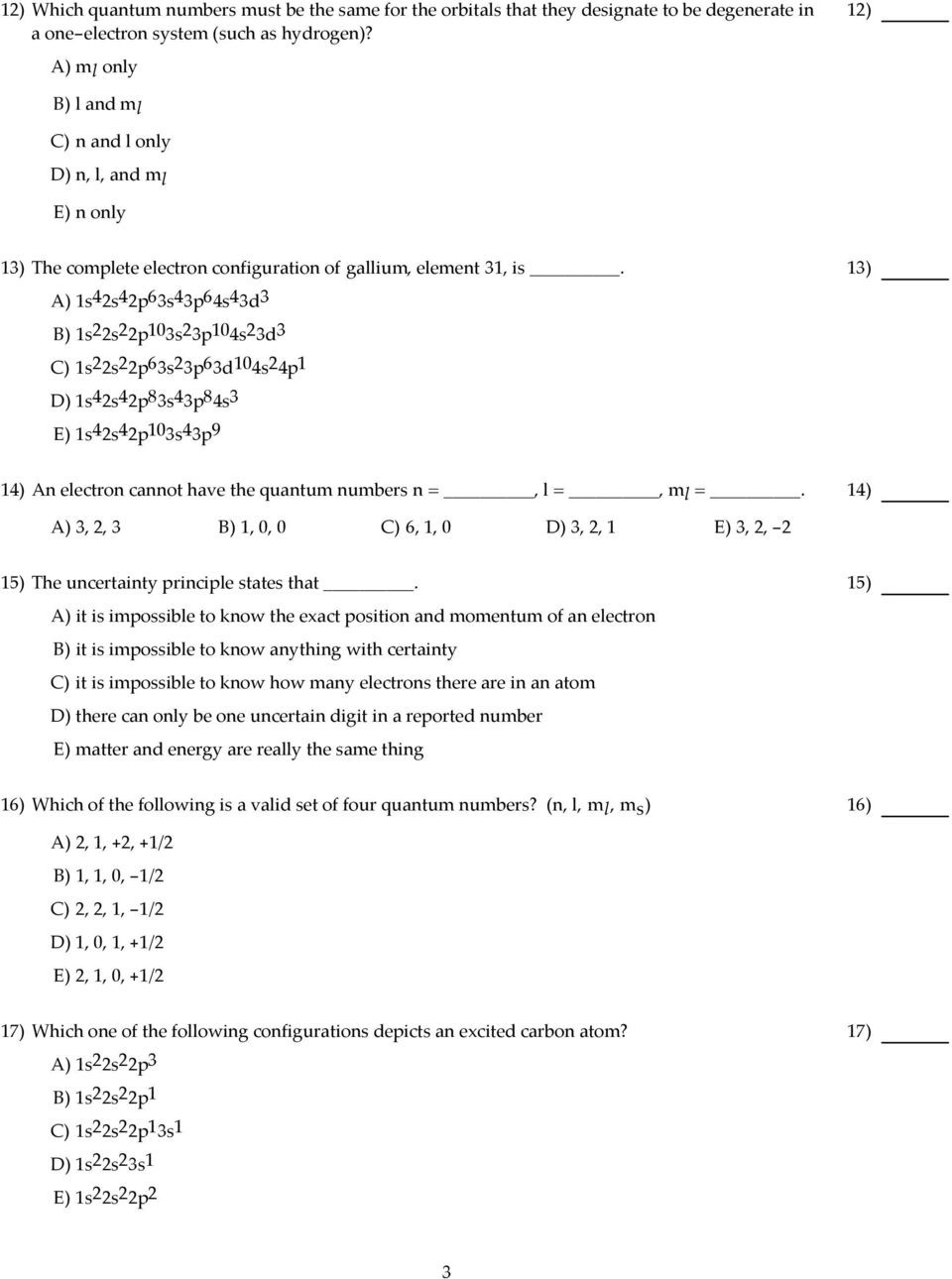 Quantum Numbers Practice Worksheet Multiple Choice Choose the One Alternative that Best