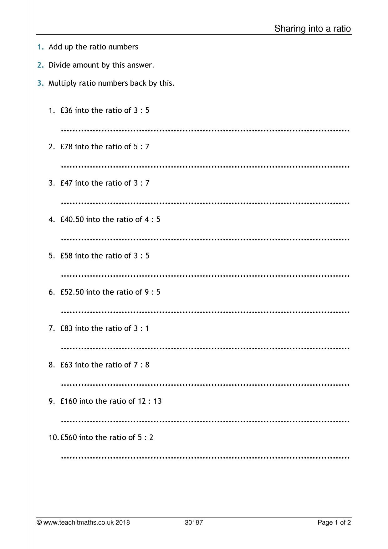 Ratio and Proportion Worksheet Ks3 Ratio and Proportion