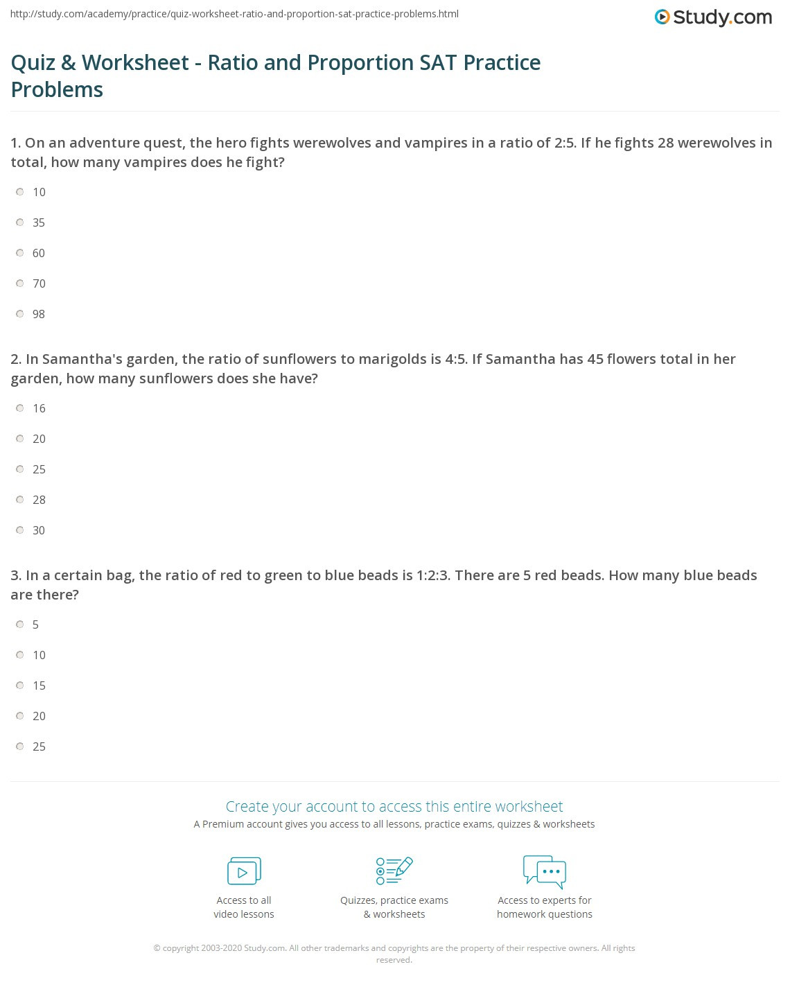 Ratio and Proportion Worksheet Quiz &amp; Worksheet Ratio and Proportion Sat Practice