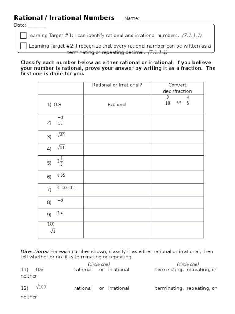 Rational and Irrational Numbers Worksheet Classifying Rational and Irrational Worksheet