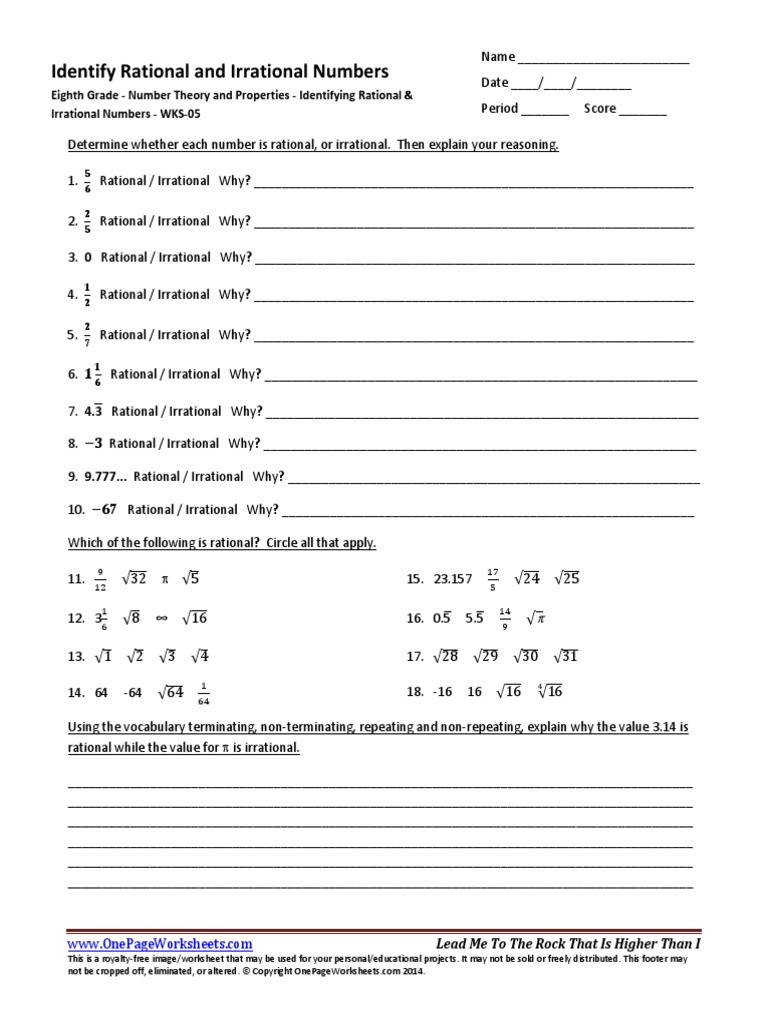 Rational and Irrational Numbers Worksheet Identifying Rational and Irrational Numbers Wks 05