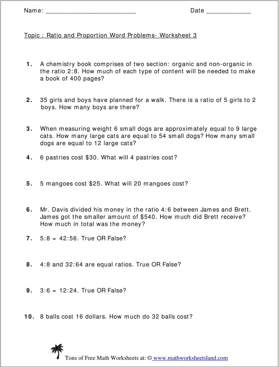 Ratios and Rates Worksheet topic Ratio and Proportion Word Problems Worksheet Girls