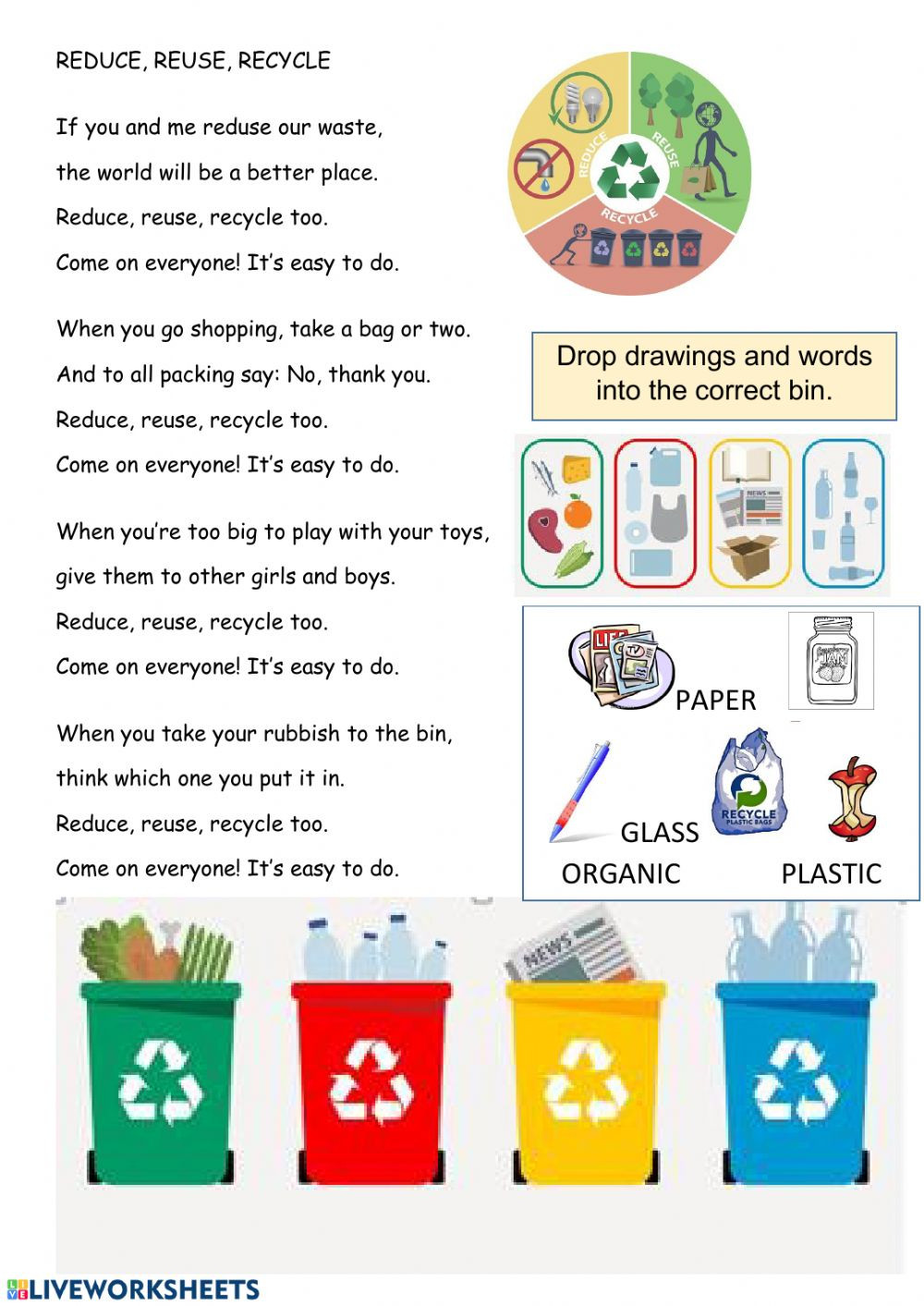 Reduce Reuse Recycle Worksheet Reduse Reuse Recycle song Interactive Worksheet