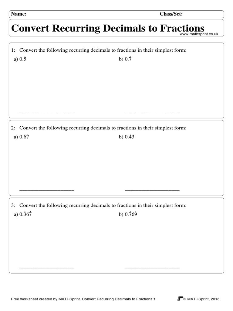 Repeating Decimals to Fractions Worksheet Convert Recurring Decimals to Fractions