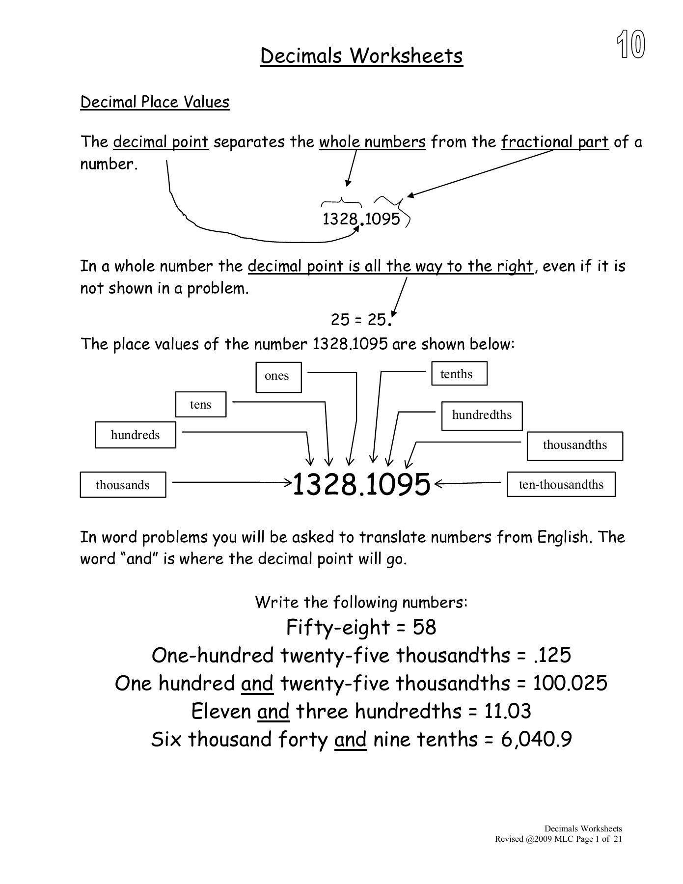Repeating Decimals to Fractions Worksheet Decimals and Fractions Pages 1 21 Text Version