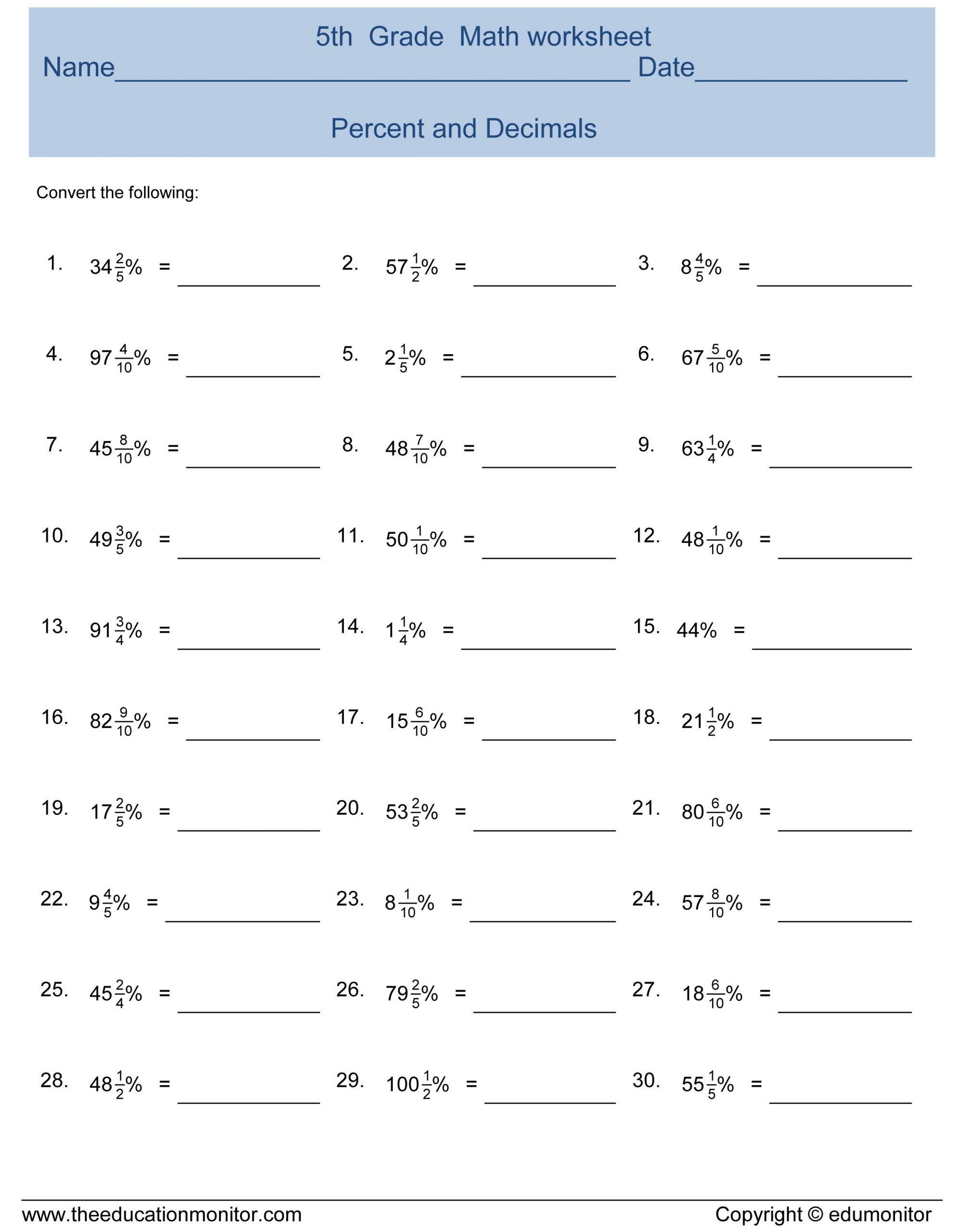 Repeating Decimals to Fractions Worksheet Percentages Fractions and Decimals Worksheet