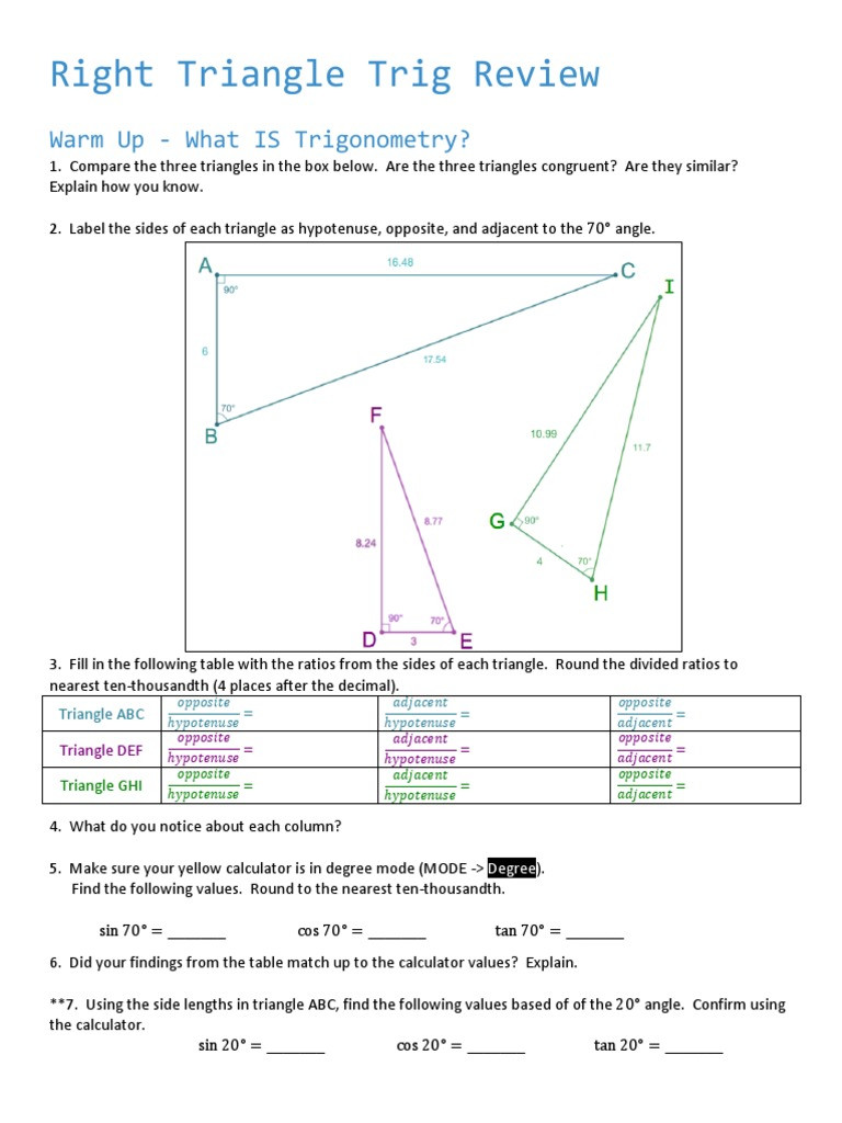 Right Triangle Trig Worksheet Answers 5 14 14 Right Triangle Trig Review Pdf