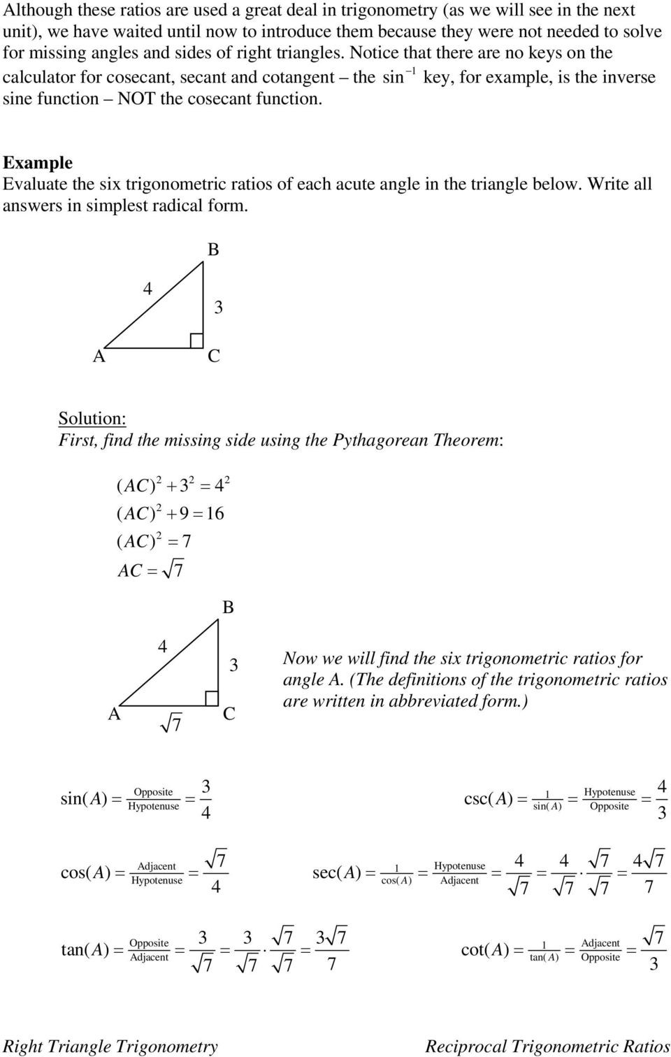 Right Triangle Trig Worksheet Answers Right Triangle Trigonometry Pdf Free Download