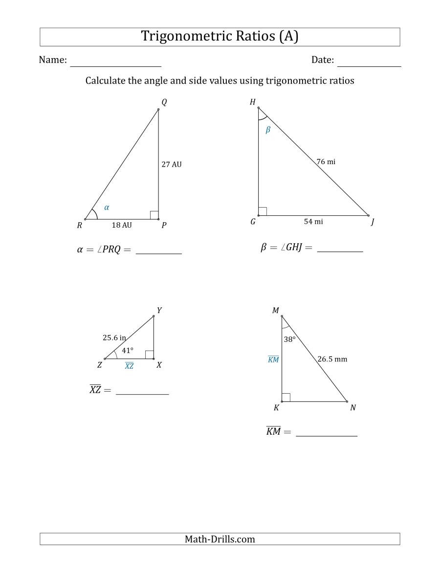 Right Triangle Trigonometry Worksheet Calculating Angle and Side Values Using Trigonometric Ratios