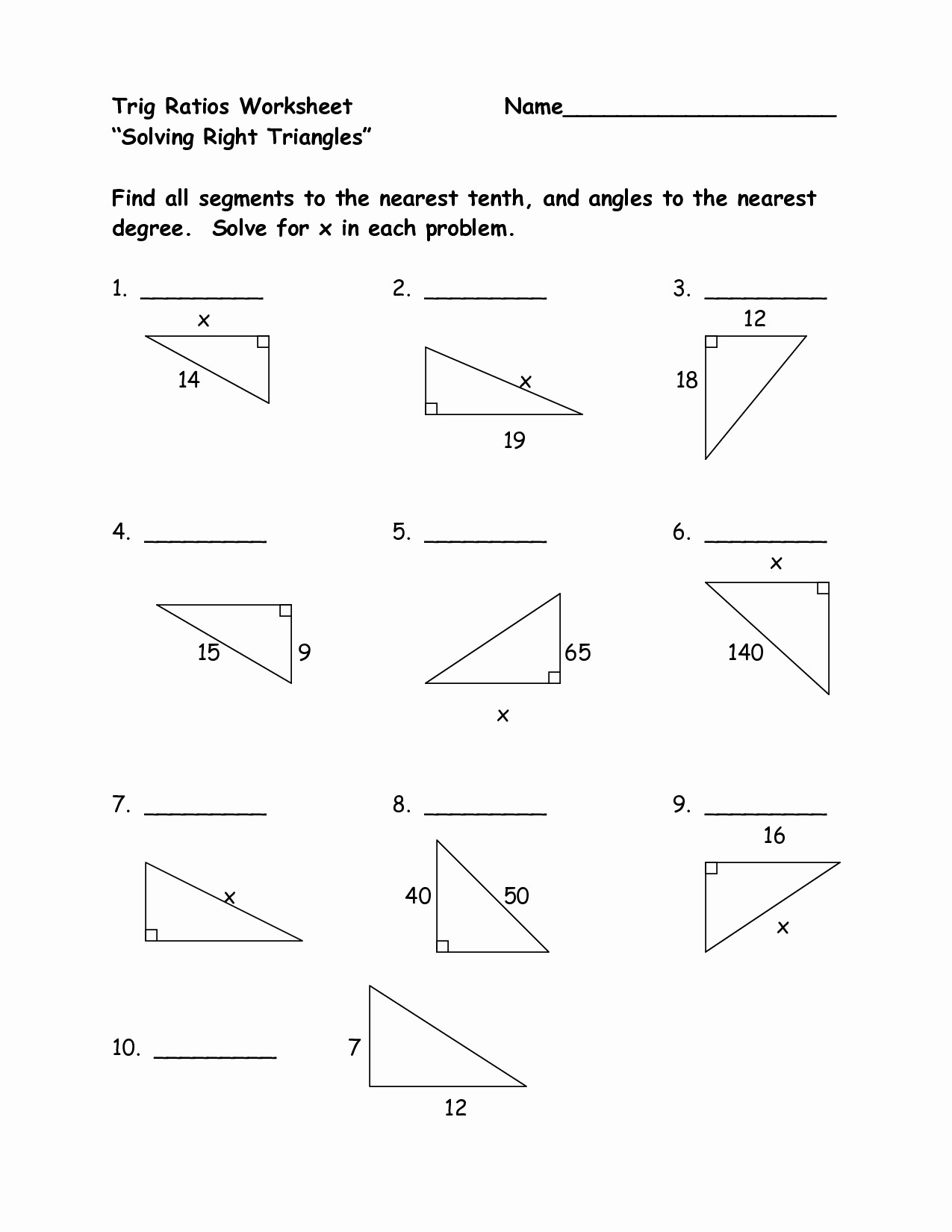 Right Triangle Trigonometry Worksheet Right Triangle Worksheet Answers