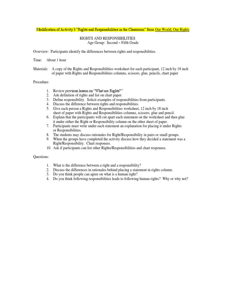 Rights and Responsibilities Worksheet Rights and Responsibilities Lesson Plan