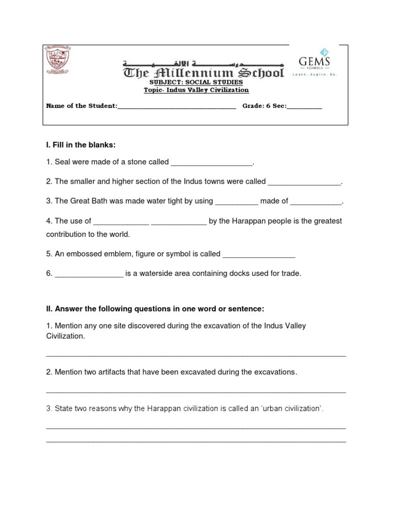 River Valley Civilizations Worksheet Answers Indus Valley Worksheet Indus River