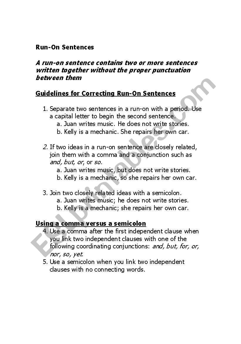Run On Sentence Worksheet English Worksheets Run Sentences
