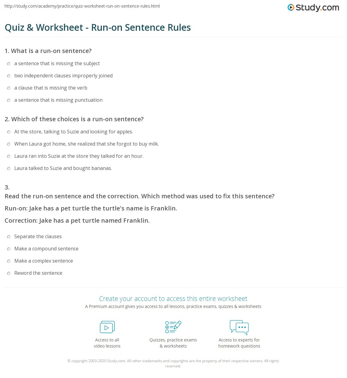 Run On Sentence Worksheet Quiz &amp; Worksheet Run On Sentence Rules