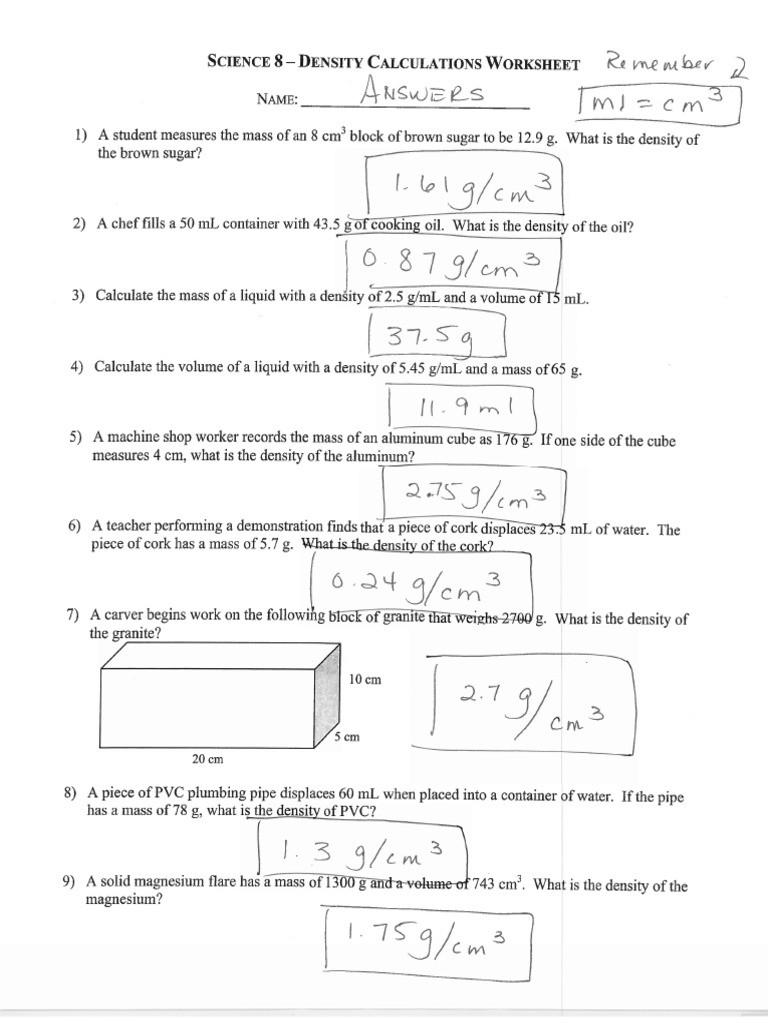 Science 8 Density Calculations Worksheet 15 16 Density Wkt Answer Key Pdf