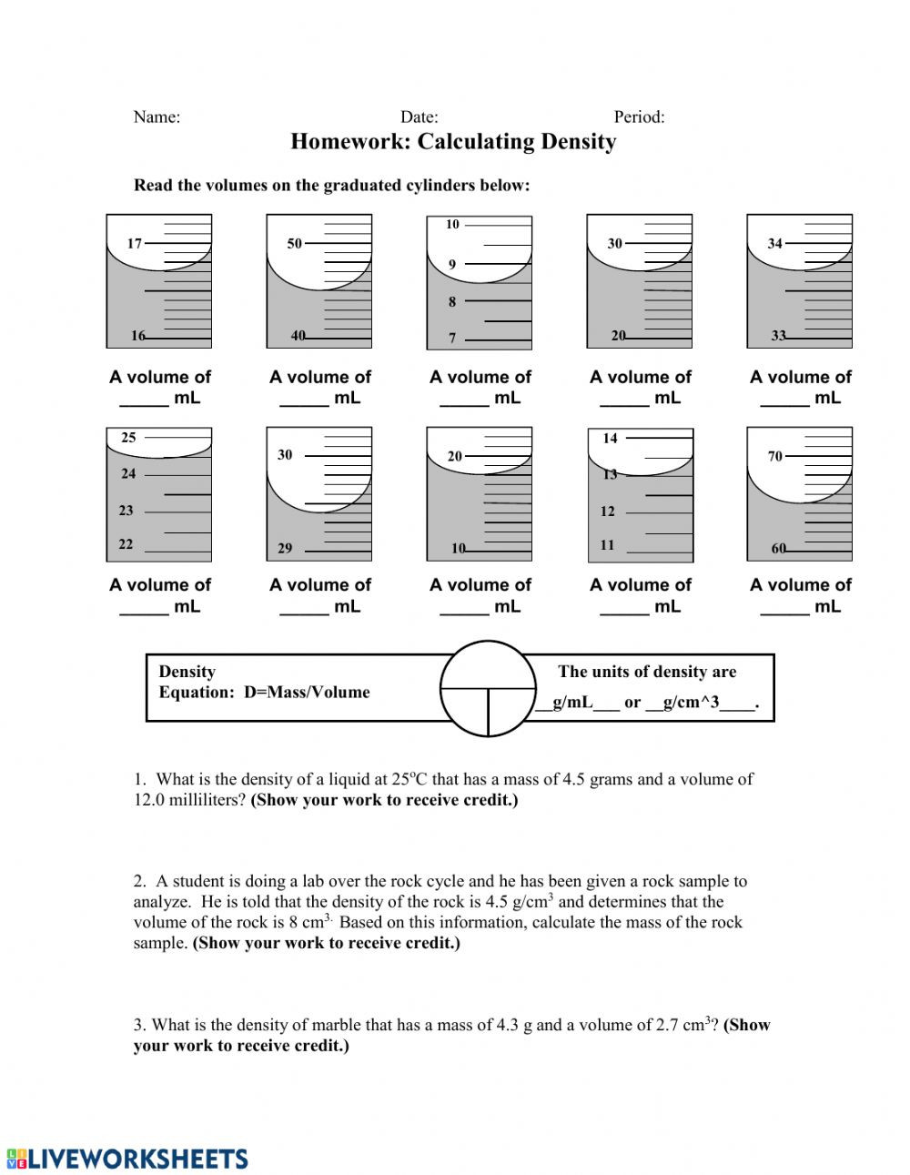 Science 8 Density Calculations Worksheet Calculating Density Interactive Worksheet