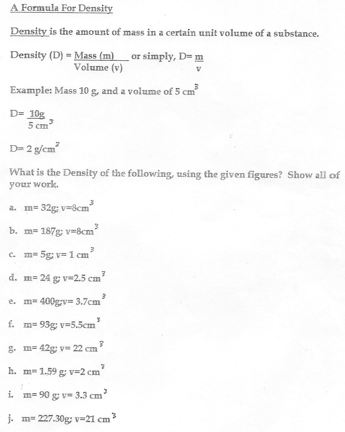 Science 8 Density Calculations Worksheet Fantastic Fluids