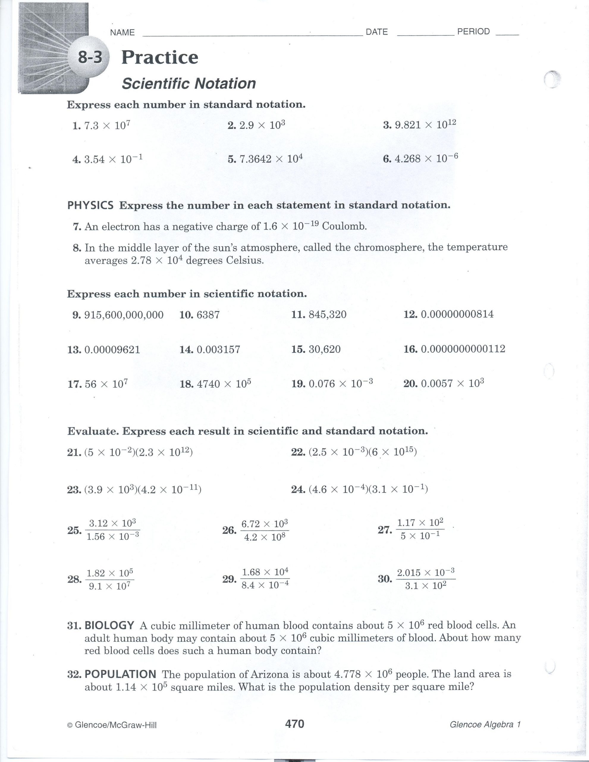 Scientific Notation Worksheet 8th Grade Scientific Notation Printable Worksheet