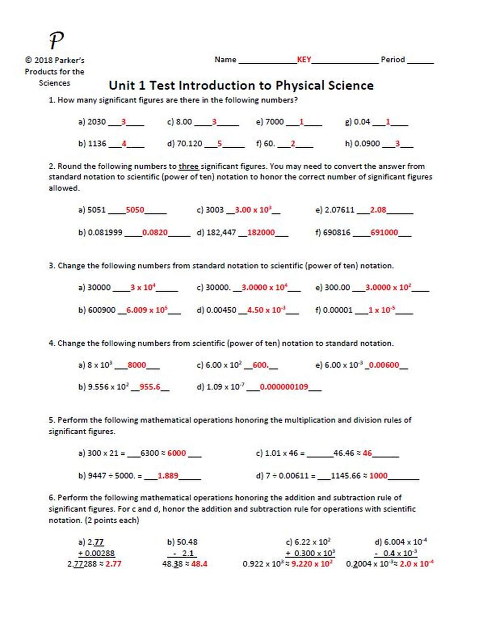 Scientific Notation Worksheet Answer Key Significant Figures Metric Conversions Graphing and Scientific Notation Unit Test