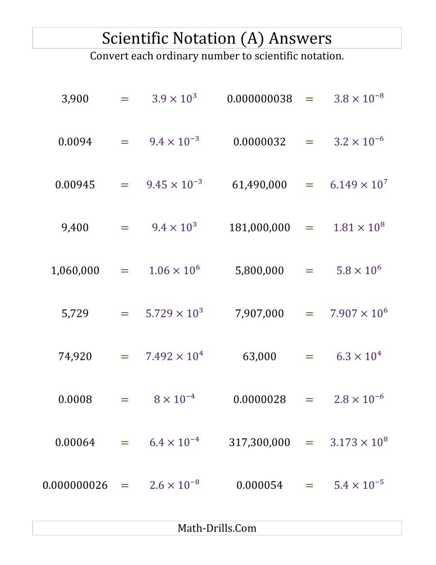 Scientific Notation Worksheet with Answers Converting ordinary Numbers to Scientific Notation A