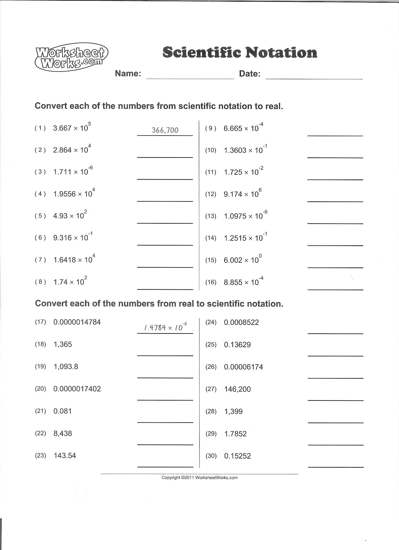 Scientific Notation Worksheet with Answers Worksheet Scientific Notation 1 16
