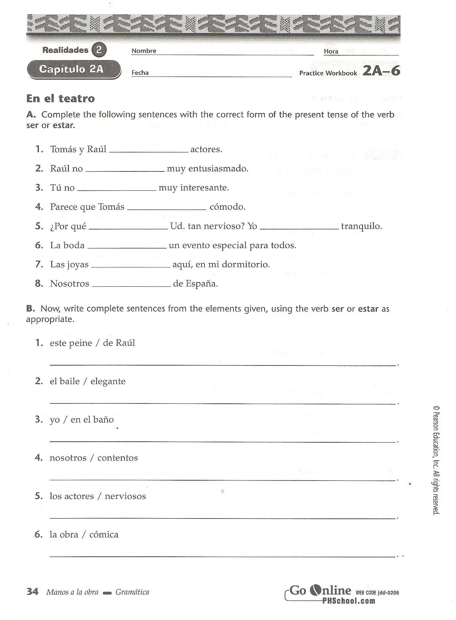 Ser Estar Worksheet Answers Capitulo 2 Sra Sheets Spanish Class